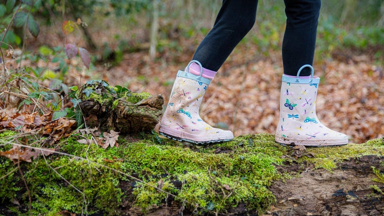 Wellied feet walking along a log